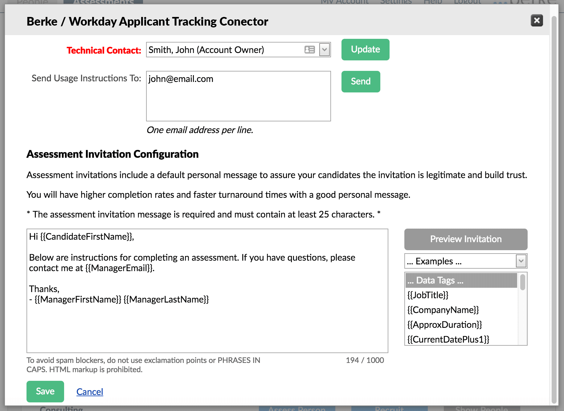 screenshot of the Berke / Workday Connector advanced settings page