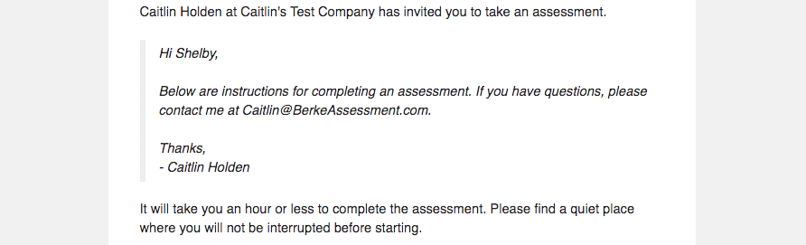 screenshot of an assessment invitation