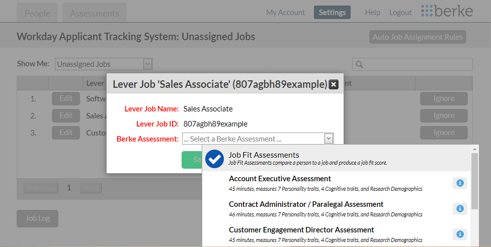 screenshot of the requisition assignment page