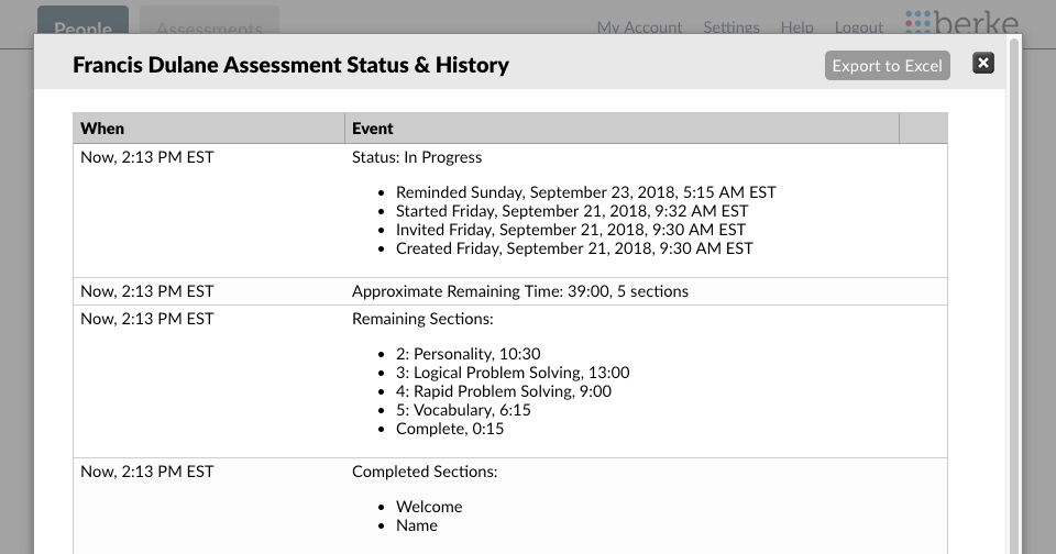 screenshot of history log