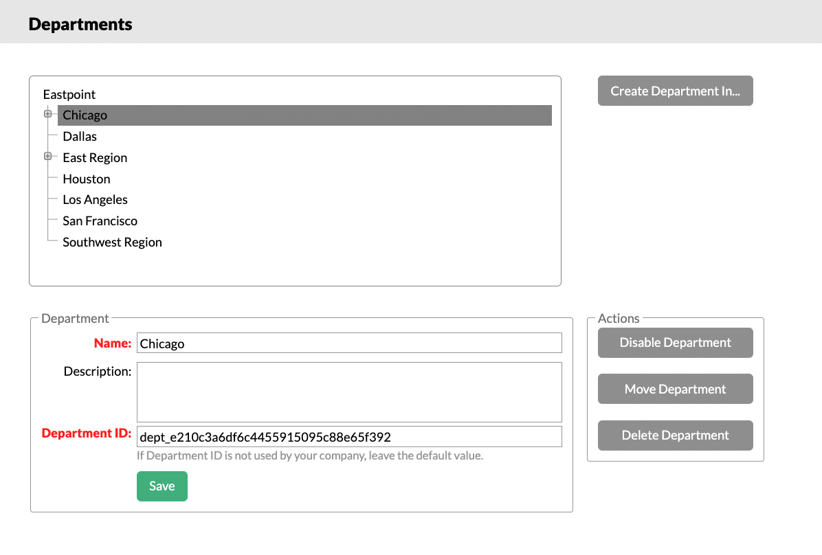 screenshot of the department actions available