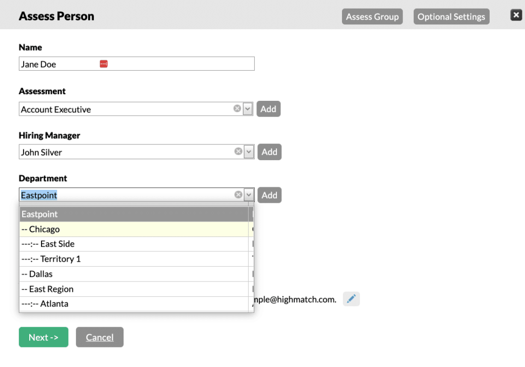 screenshot of a participant department info area